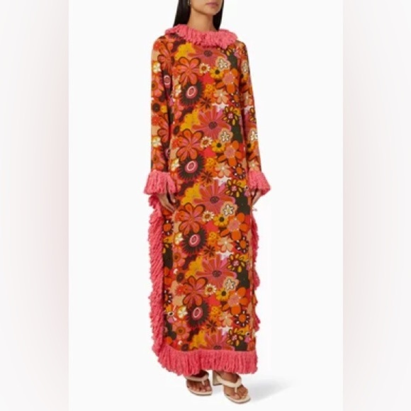 NWT CeliaB Gongga Orange Floral Fringe Trim Long Sleeve Maxi Dress Sz M RARE - Picture 15 of 16